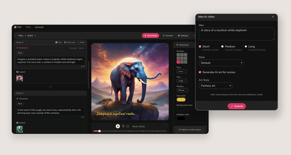 Fliki AI video generator with voiceover and scenes