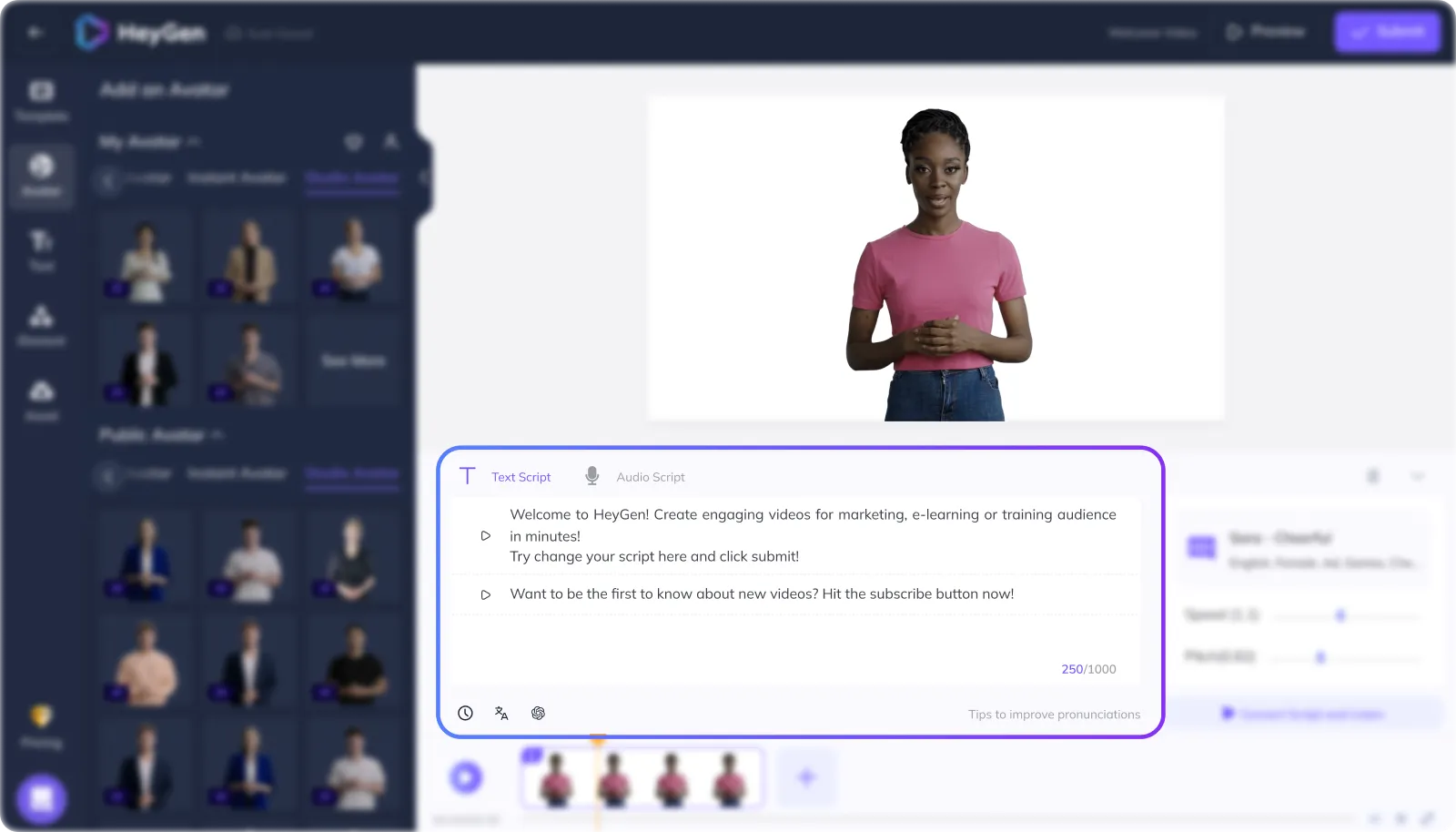 HeyGen AI avatar video creator with script editor