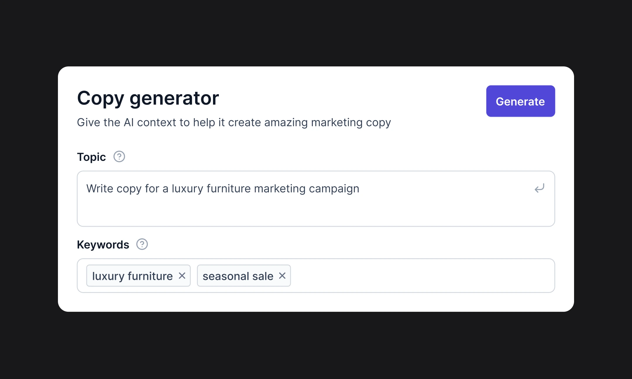 Hypotenuse AI copy generator interface