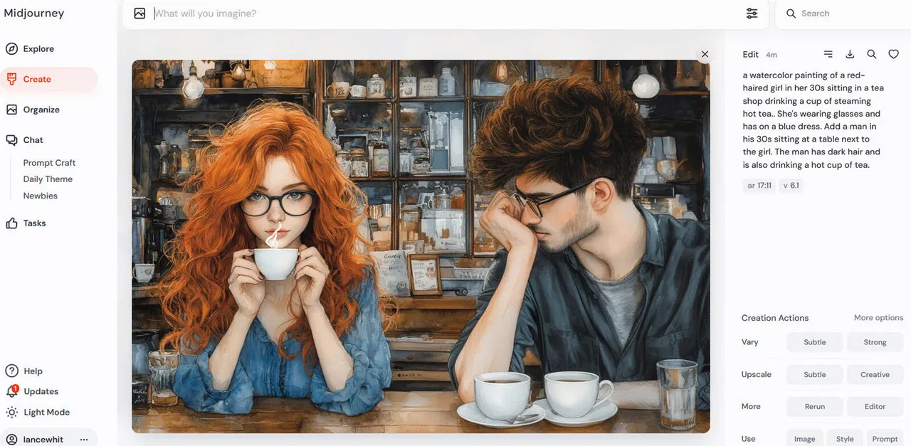 Midjourney AI image generator interface with watercolor artwork