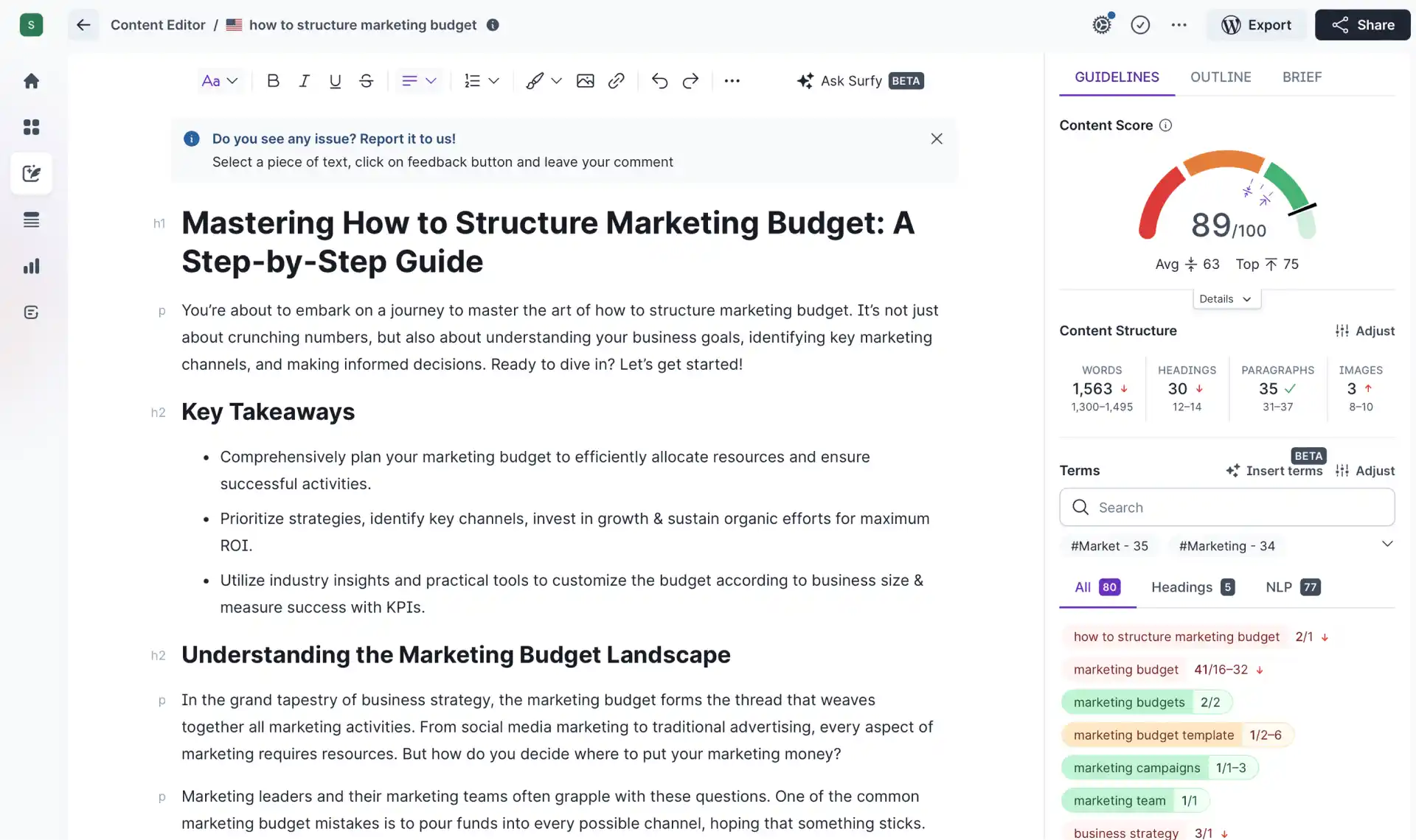 Surfer SEO content editor with content score and NLP terms