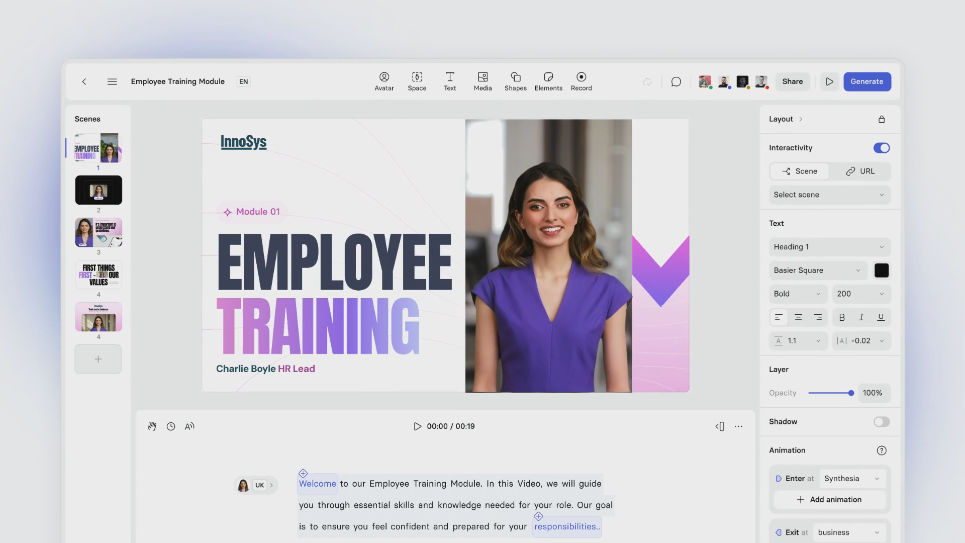 Synthesia AI video creation platform interface